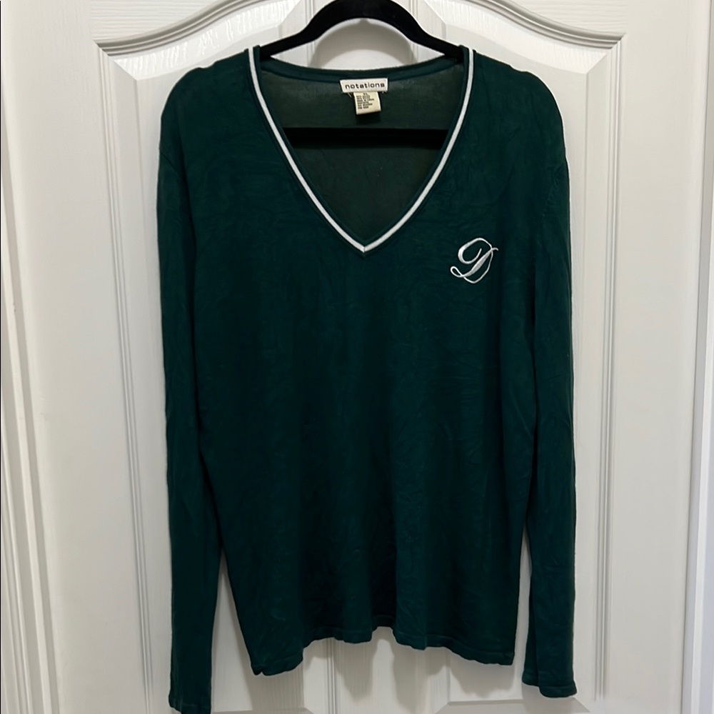 Dark Green V-Neck Long Sleeve sweater with embroidered D